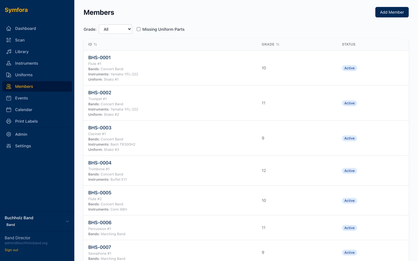 Symfora Members & Events screen