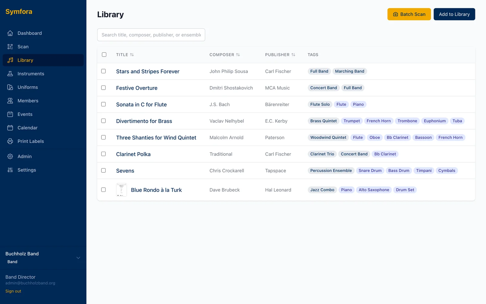 Symfora Music Library screen