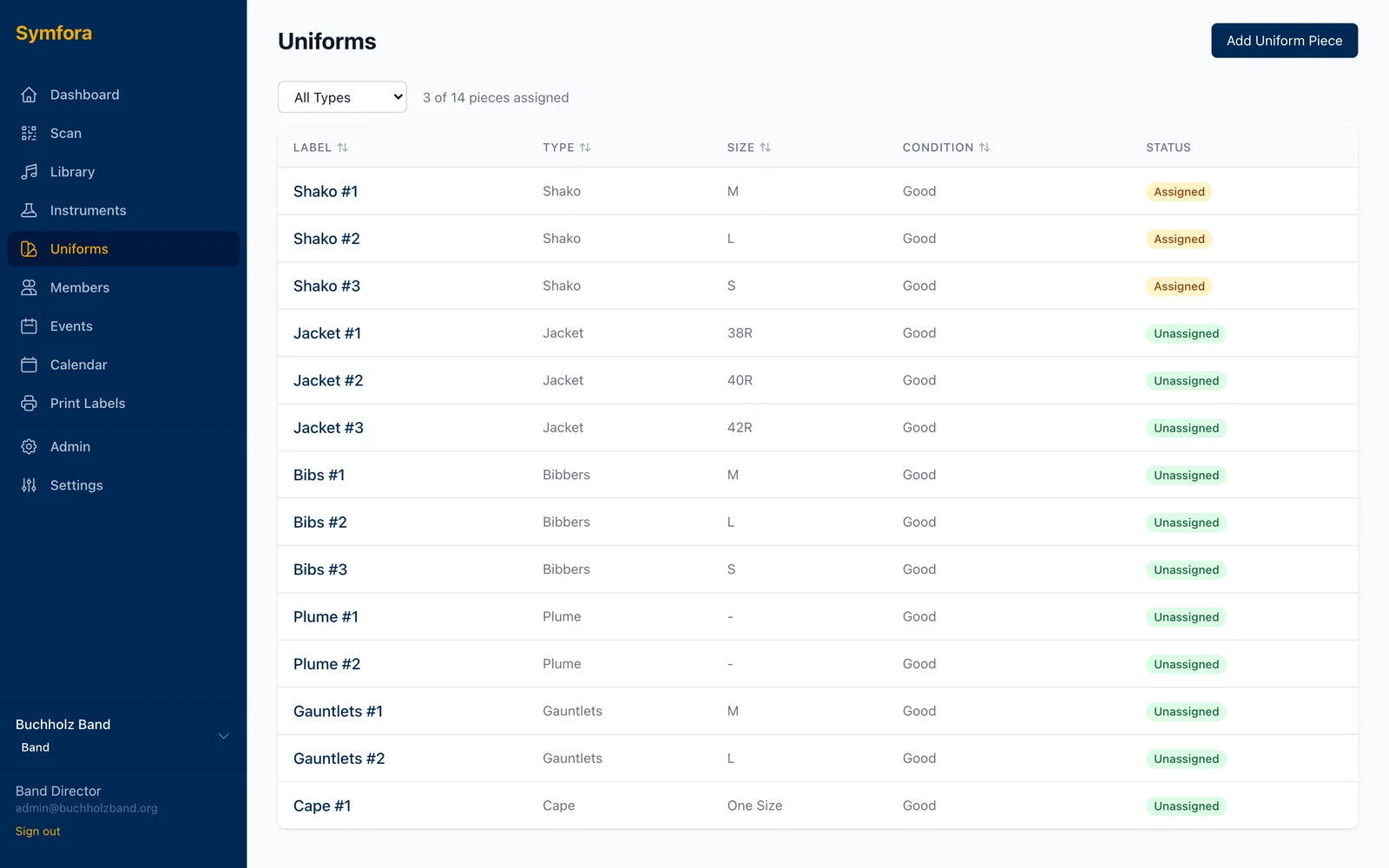 Symfora Uniform Management screen